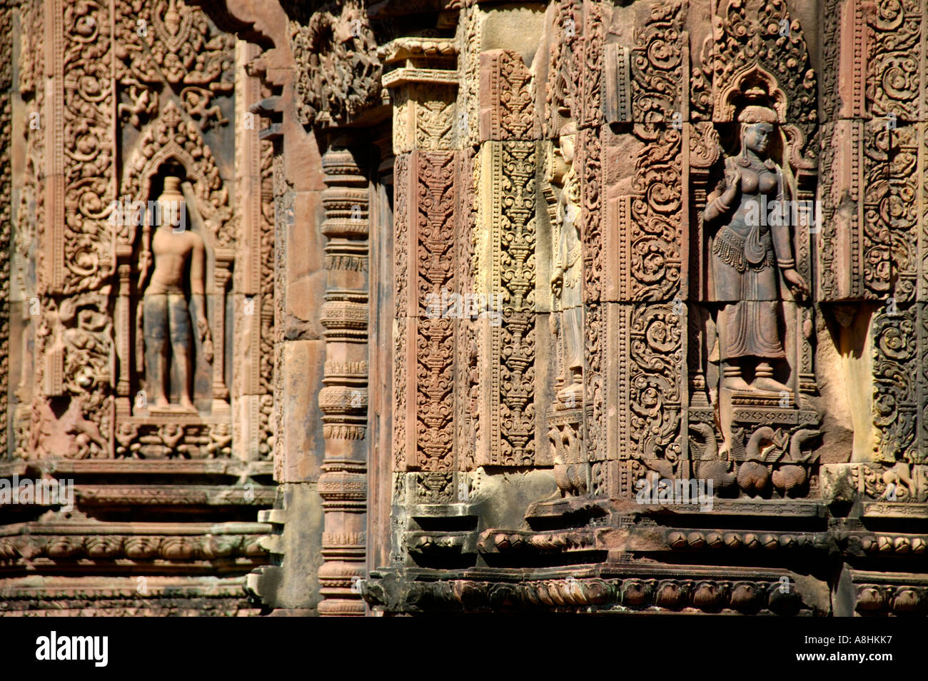 Fine reliefs with Apsera temple dancers Banteay Srei Angkor Siem Reap Cambodia Stock Photo