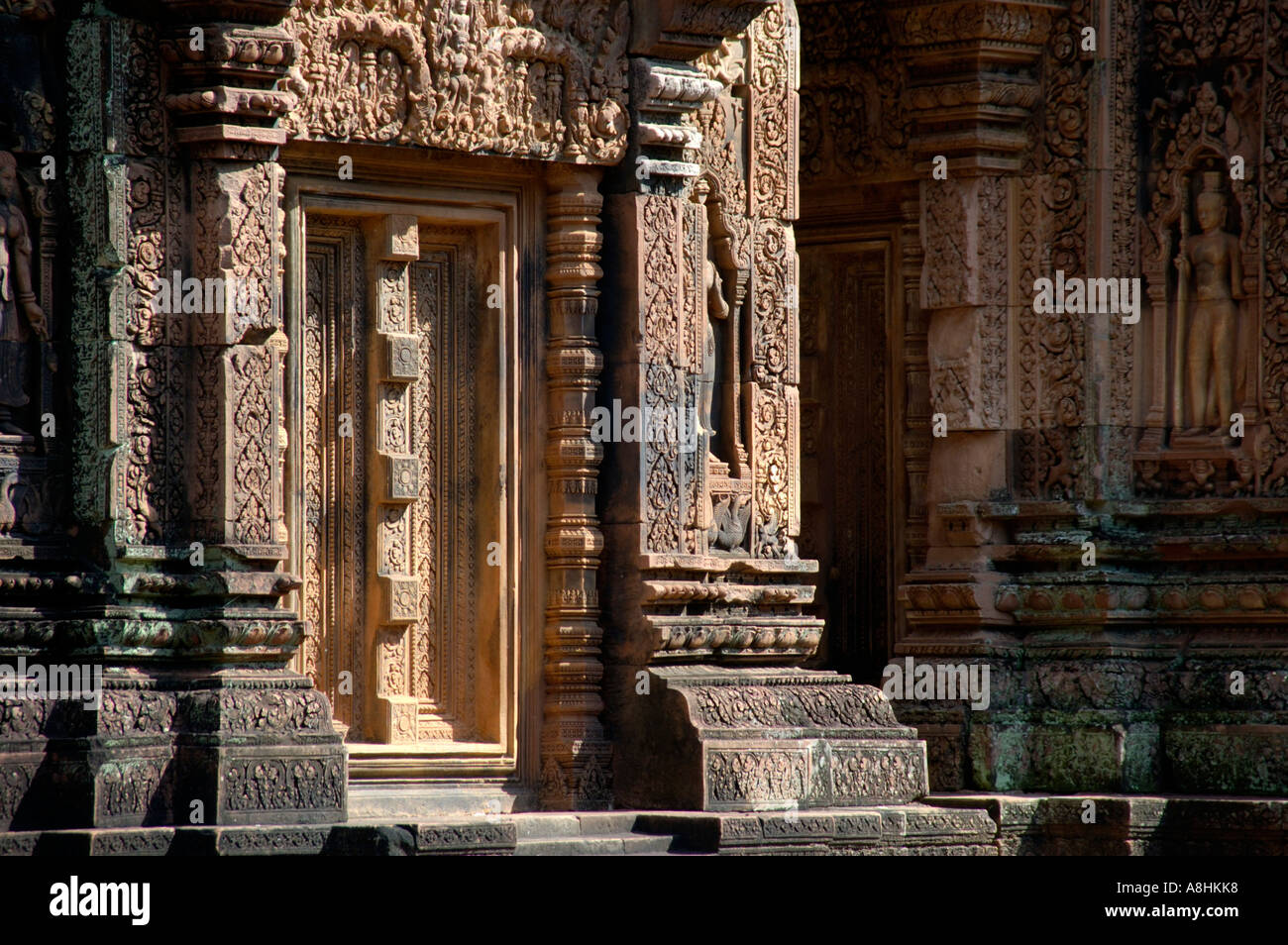 Fine reliefs Banteay Srei Angkor Siem Reap Cambodia Stock Photo
