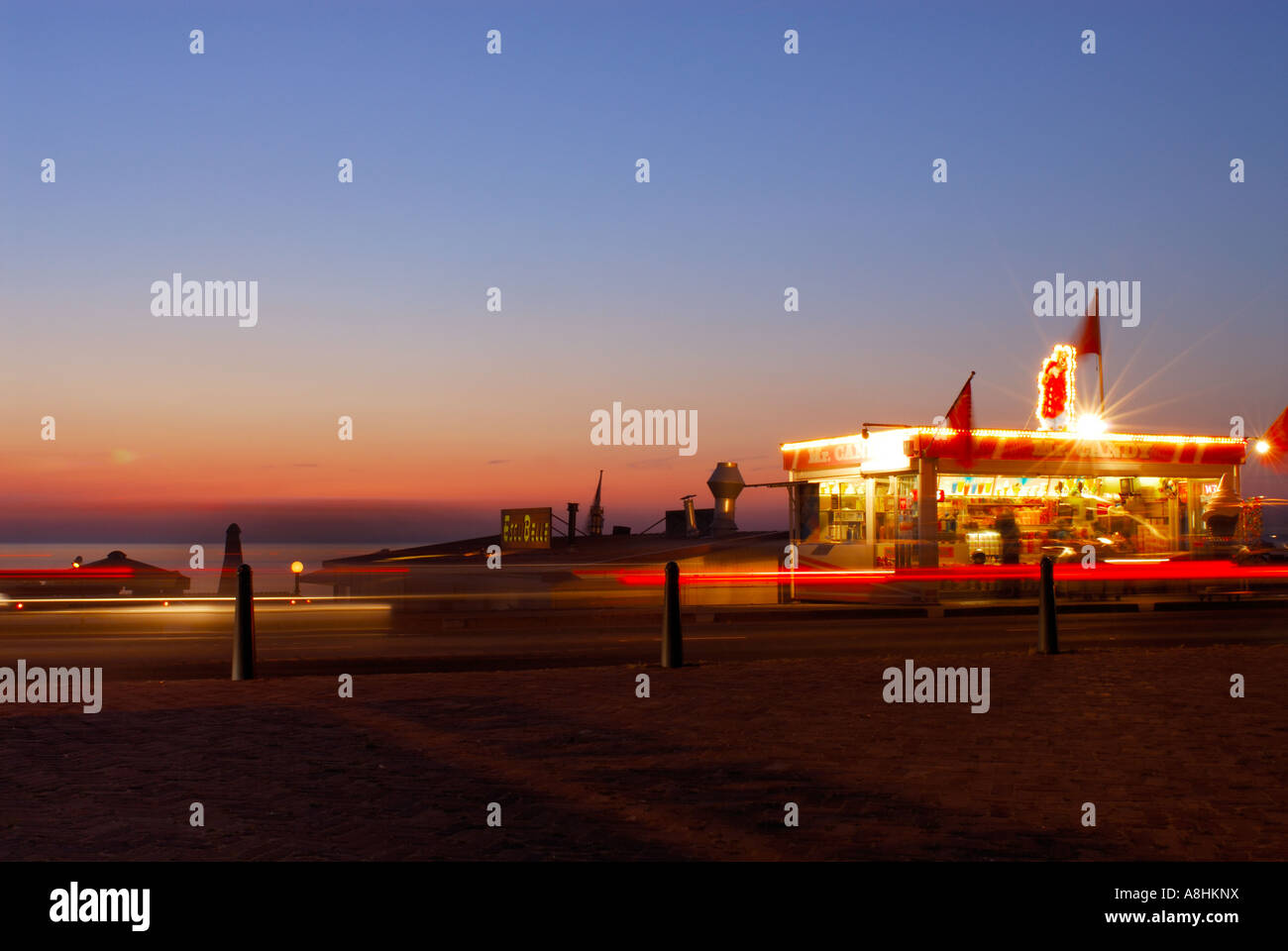 Candy store at the boulvard with night in Scheveningen at the coast of Holland Stock Photo