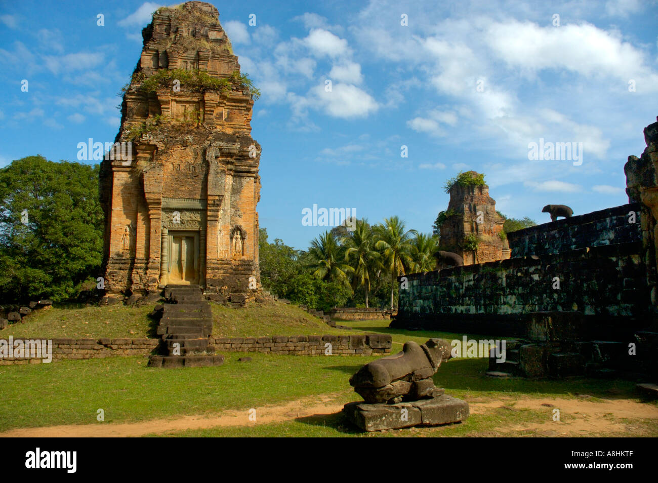 Tower of brick with bull Nandi Khmer temple Bakong Roluos Group Angkor Siem Reap Cambodia Stock Photo