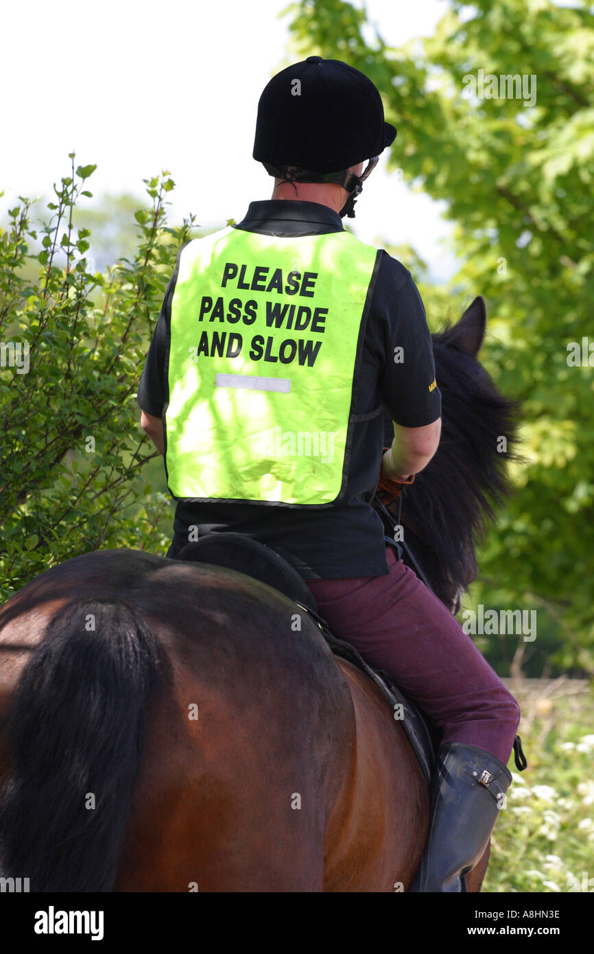 Horse rider with bright coloured safety vest rides on a road Stock
