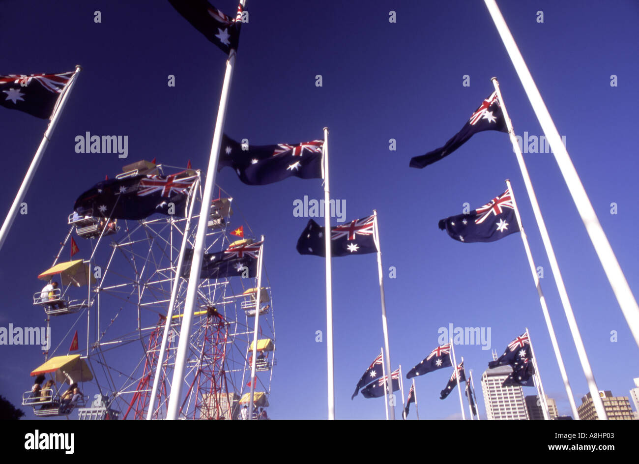 A stand of flagpoles with Australian flags on Australia Day Brisbane