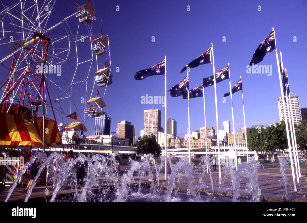 A stand of flagpoles with Australian flags on Australia Day Brisbane