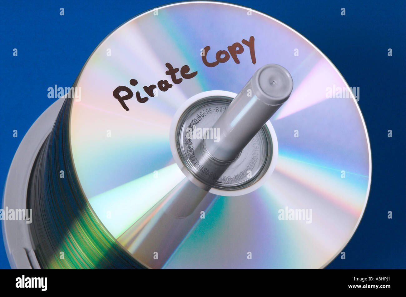 Stack of CD media labeled "Pirate Copy Stock Photo Alamy