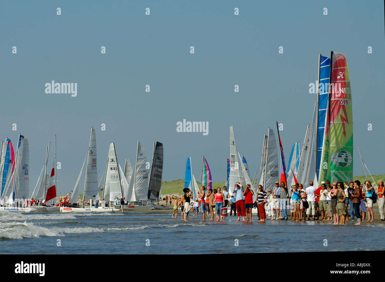 In 2006 the 29th Zwitserleven Ronde om Texel s close shot from team end of the race on the beach with lot of visitors Stock Photo