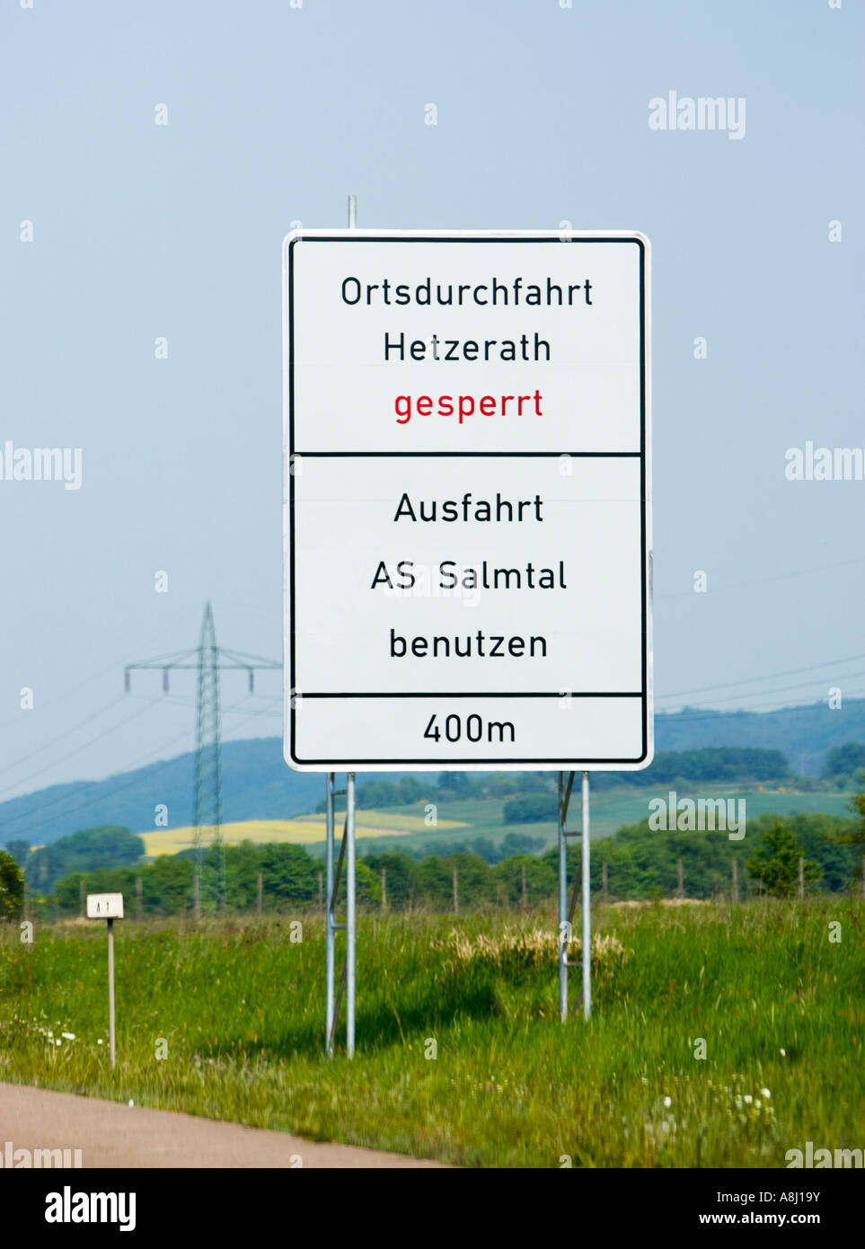 German autobahn traffic sign ortsdurchfahrt gesperrt diversion Germany Europe Stock Photo