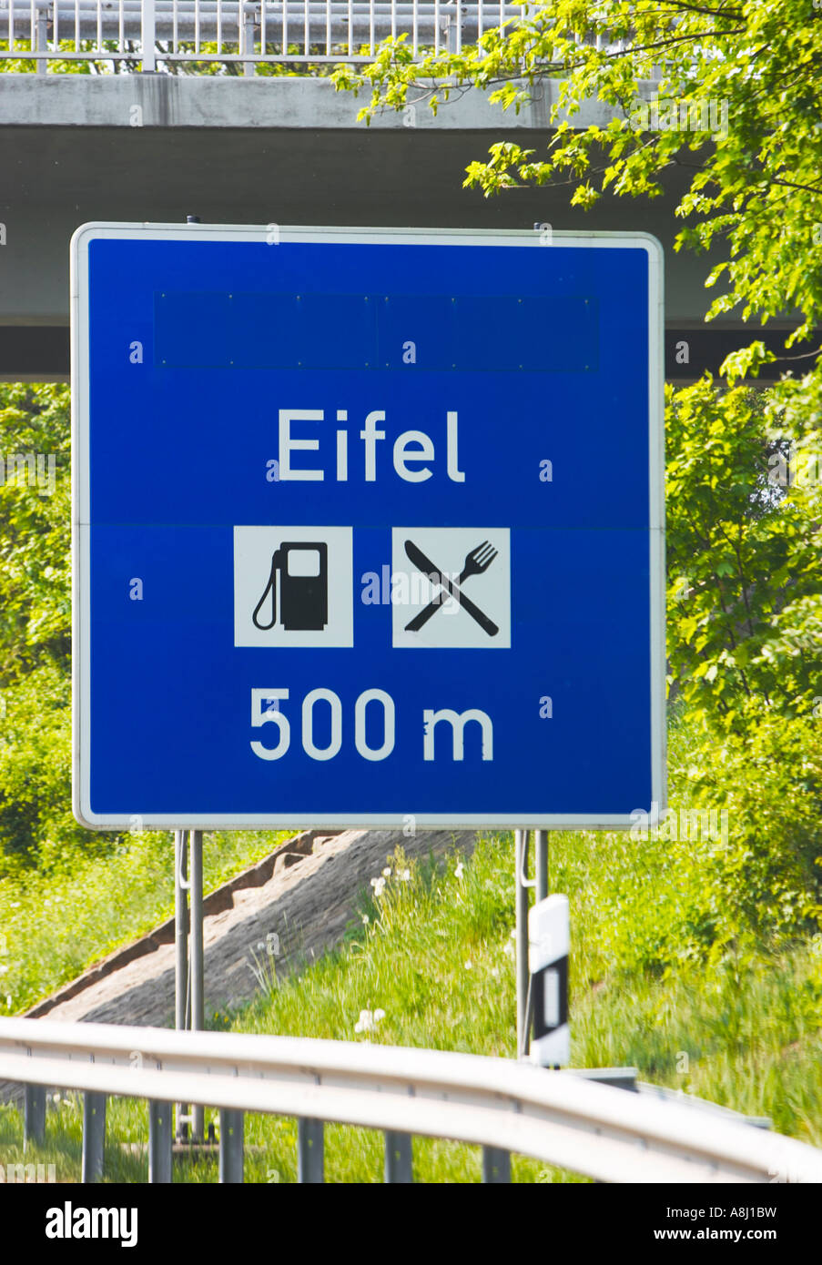 German autobahn Rasthof / motorway services sign Eifel Region, Germany, Europe Stock Photo