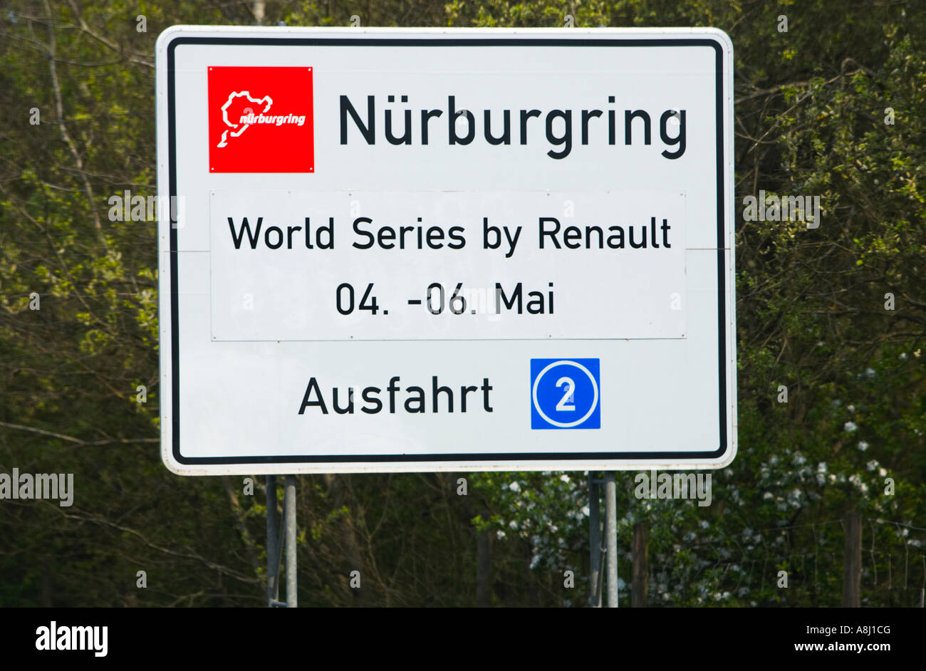 German autobahn sign to the Nuerburgring race track, Eifel Region, Germany Europe Stock Photo