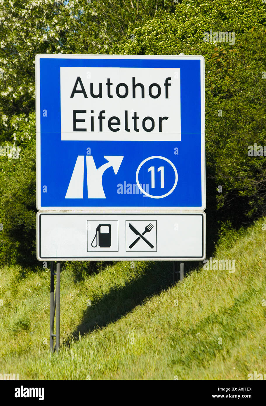 Autobahn sign. Autohof Eifeltor rest stop area sign Germany Europe Stock Photo