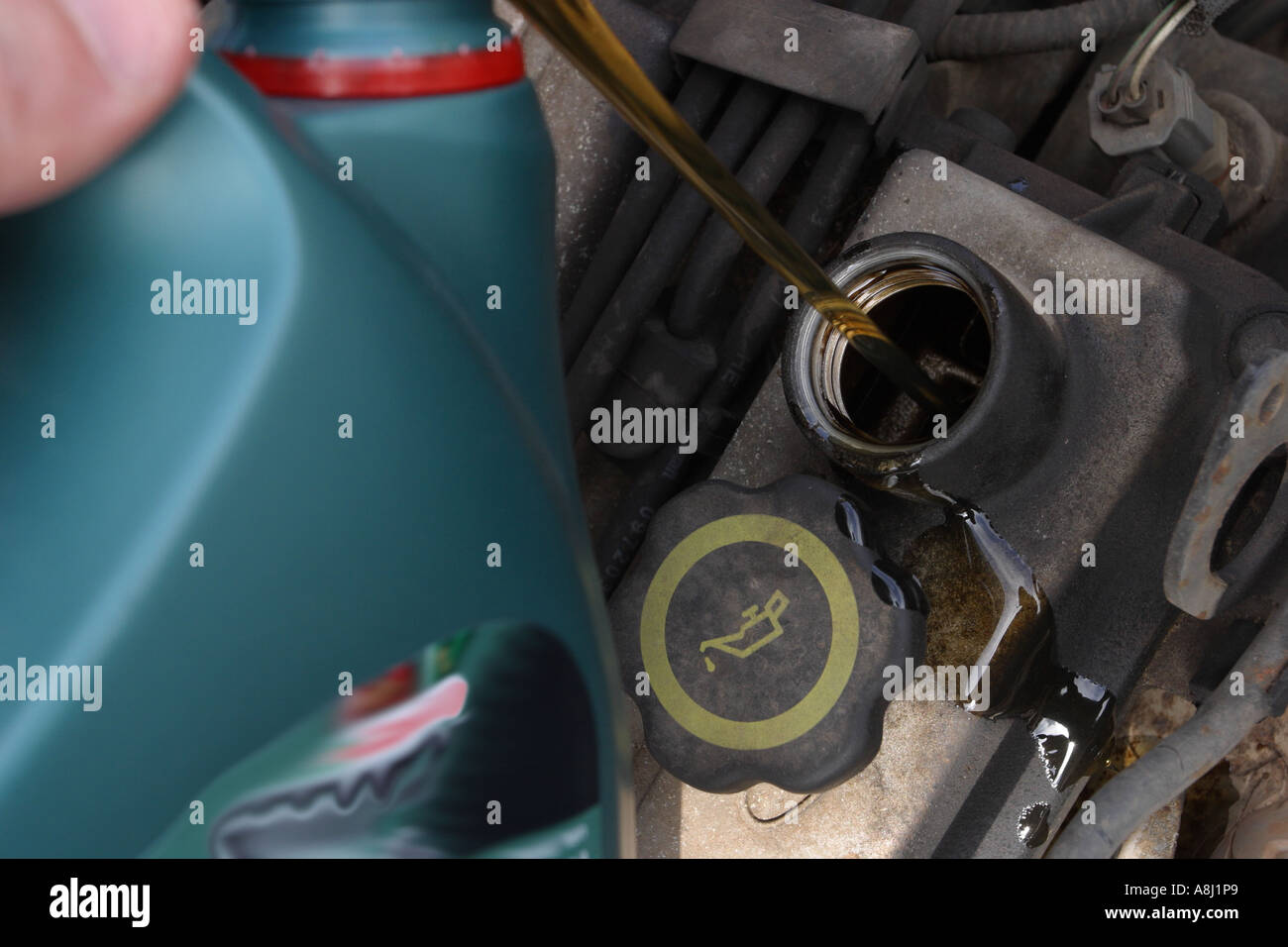 Car engine oil being poured into engine Stock Photo Alamy