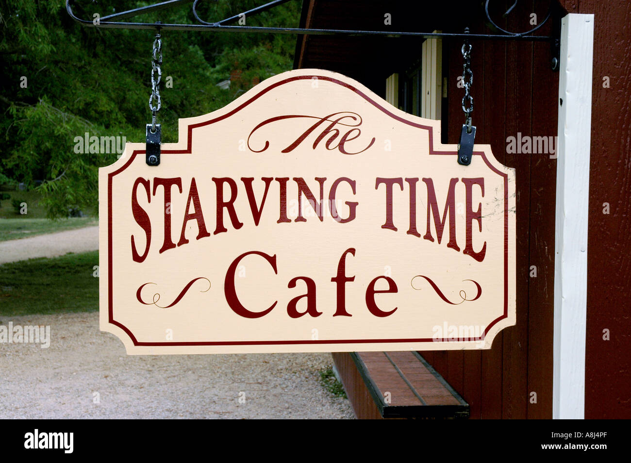 Historic Jamestowne jamestown The Starving Time Cafe Sign Stock Photo