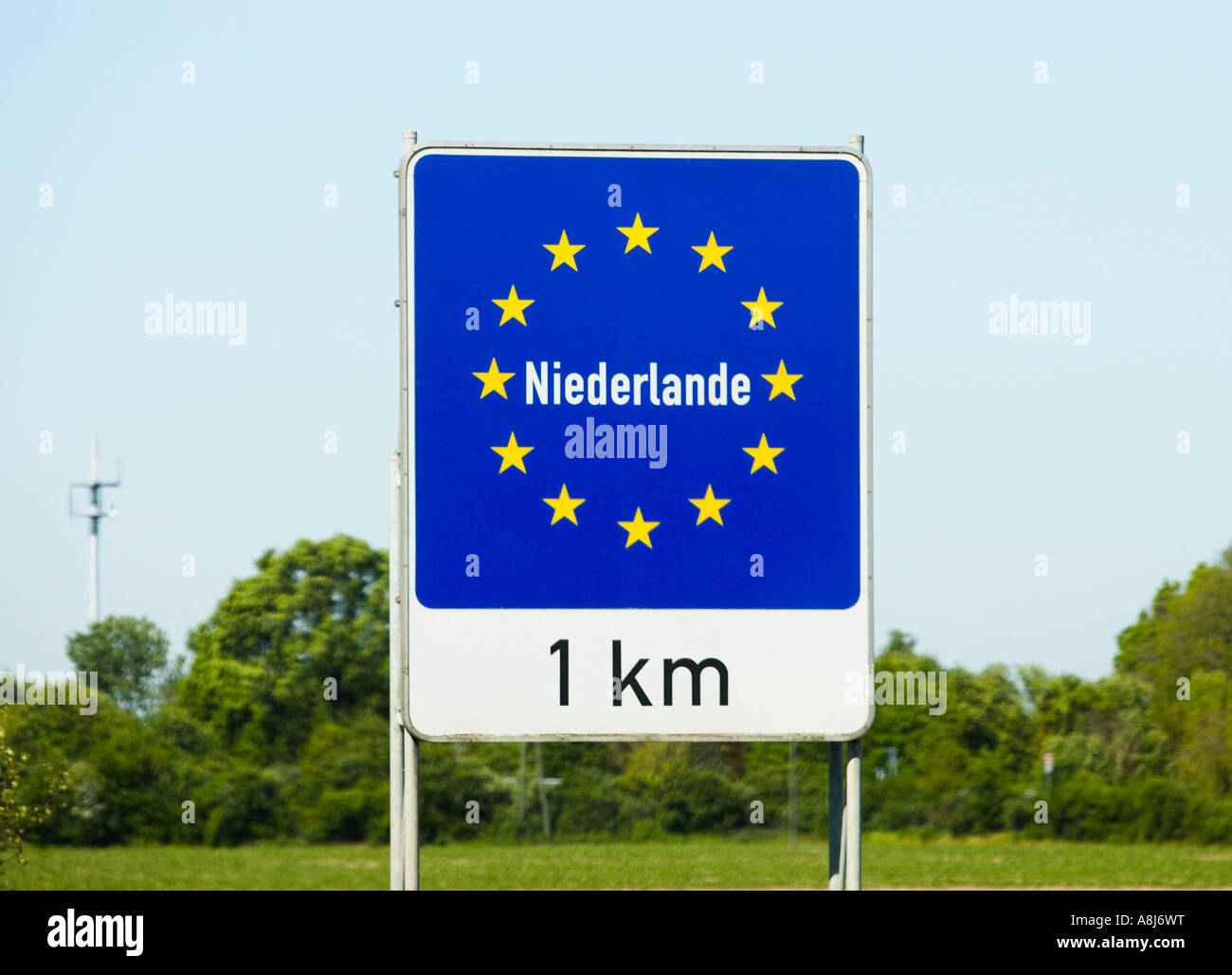 Motorway border crossing sign entering The Netherlands from Germany, Europe Stock Photo