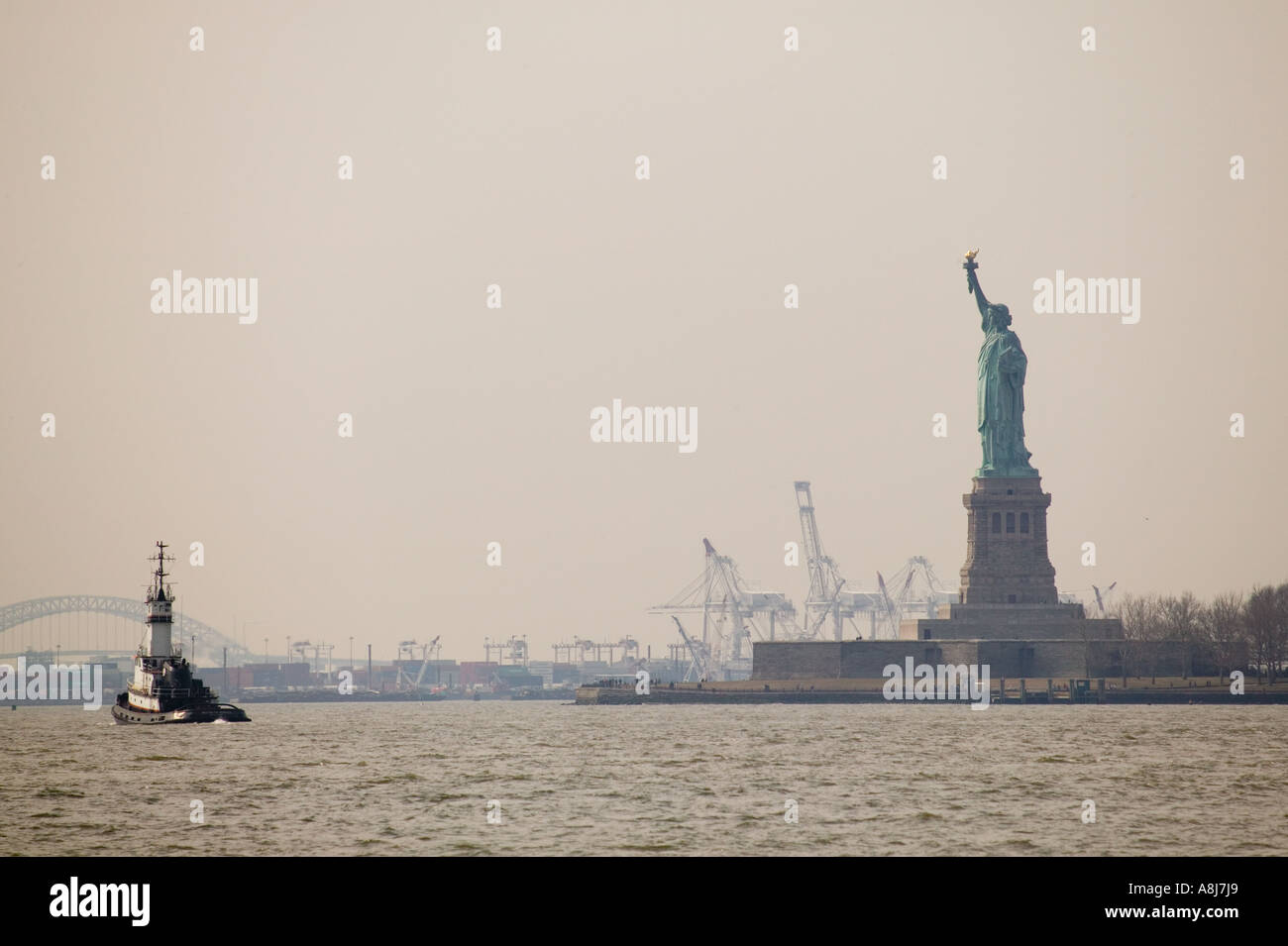 View of New York City harbor the statue of Liberty Jersey Port USA Feb 2006 Stock Photo