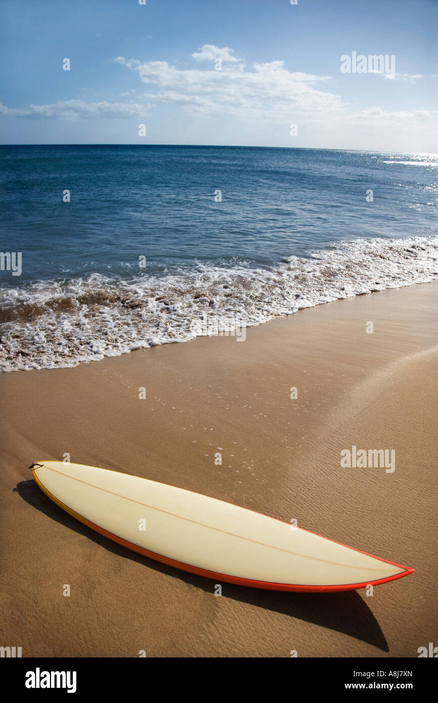 Surfboard on sandy beach with ocean in background in Maui Hawaii Stock ...