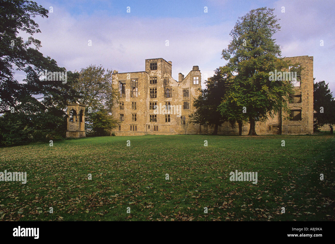 Ruins of the Old Hall stand just to the West of the splendid New Hardwick Hall near Chesterfield Derbyshire Stock Photo
