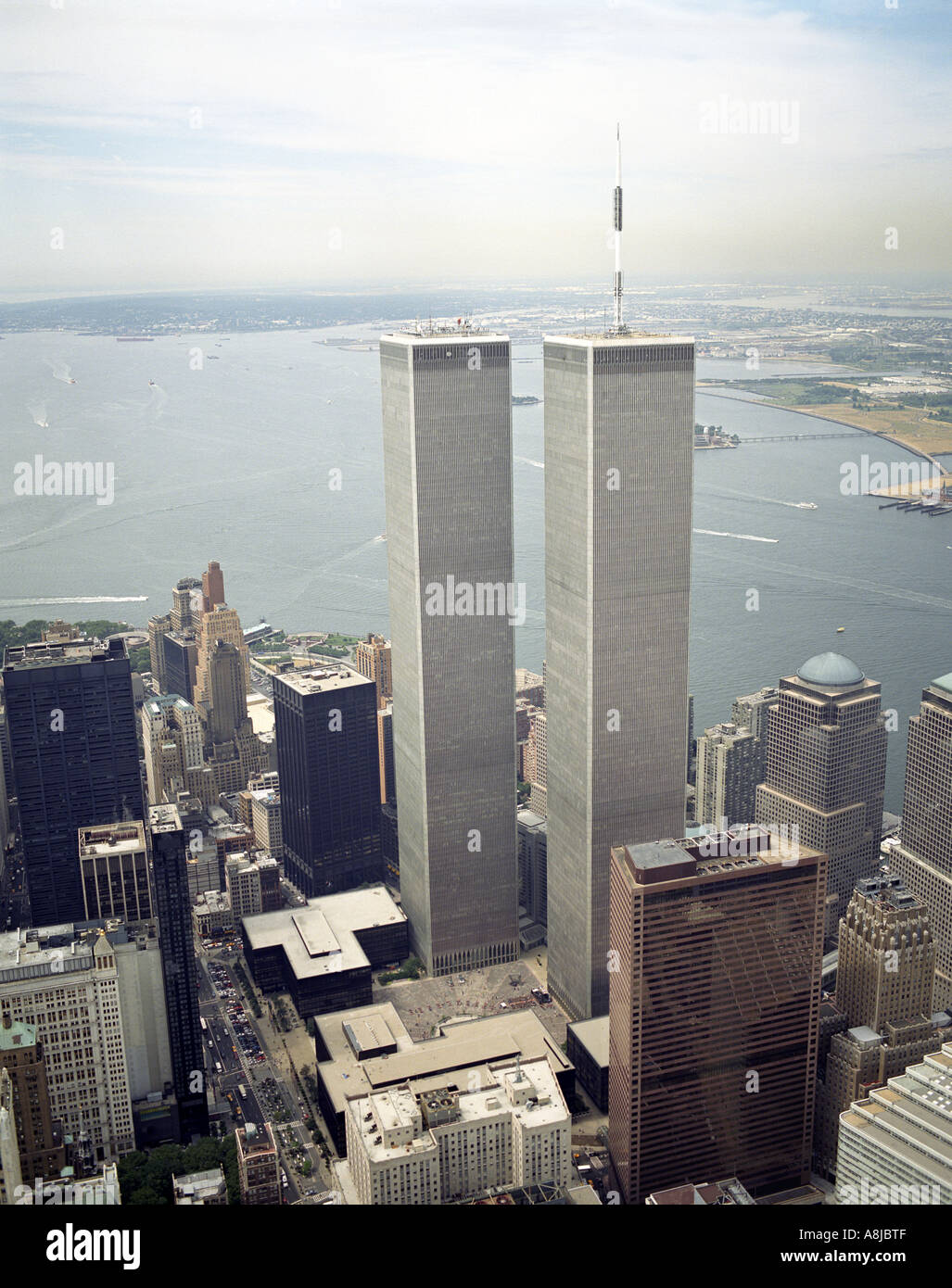 Aerial view of the twin towers of the World Trade Center, once located in New York City. Stock Photo