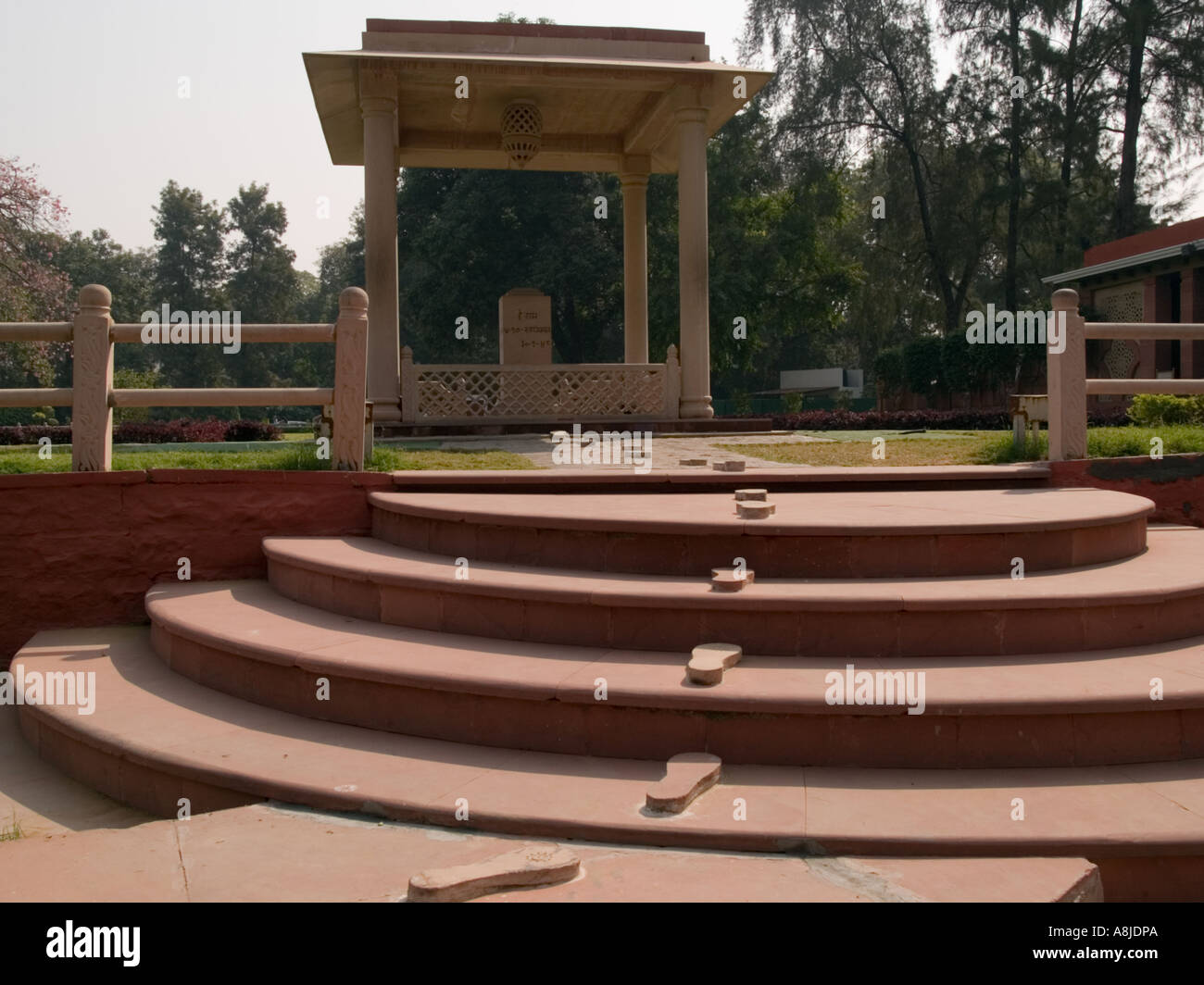 National Gandhi Museum with footprints marking Gandhi's last walk on steps to prayer ground where he was assassinated. Delhi Stock Photo