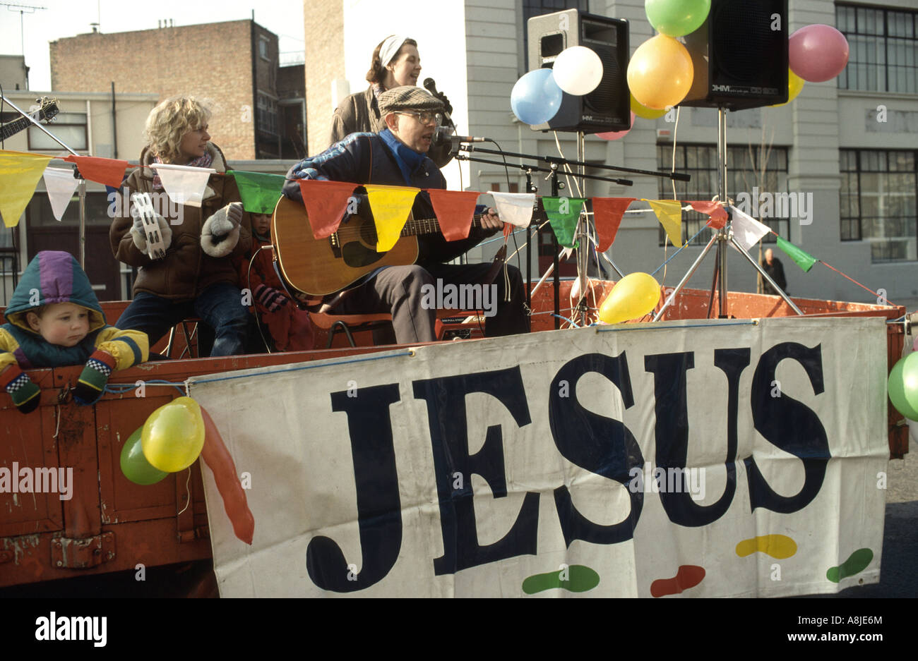 A Christian parade with floats and music Stock Photo Alamy