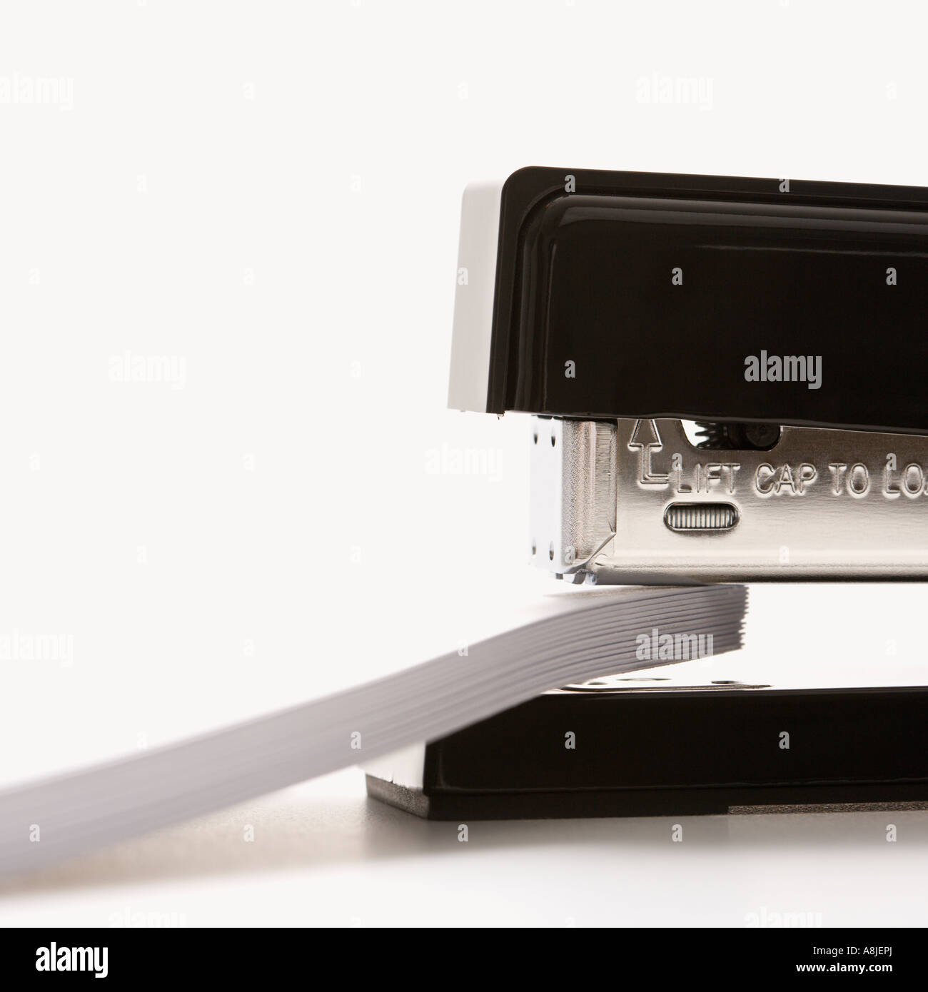 Close up of black stapler on white background stapling paper Stock ...