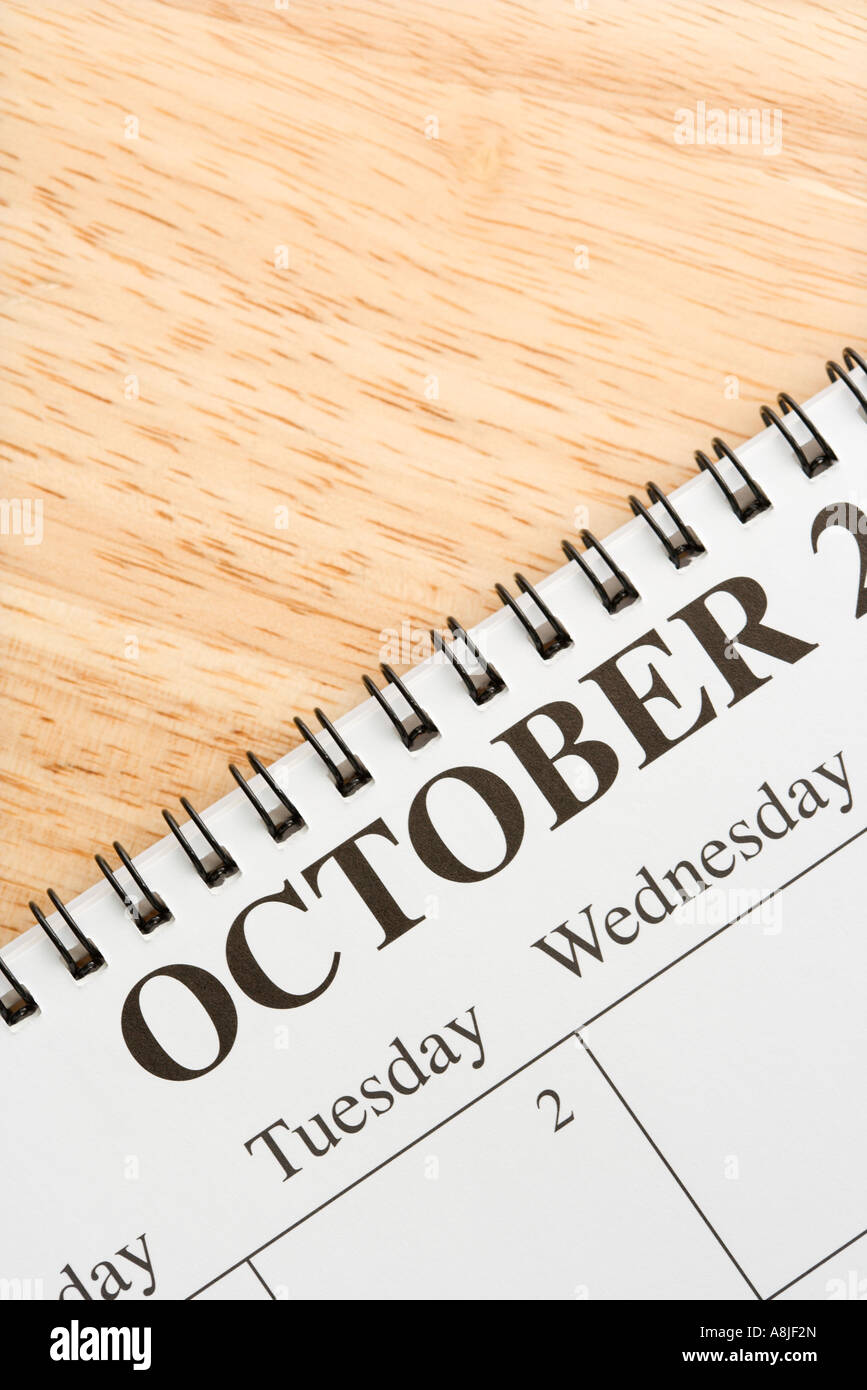 Close up of spiral bound calendar displaying month of October Stock Photo