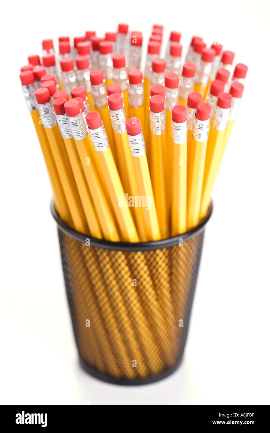 Group of pencils in a pencil holder with eraser ends up Stock Photo Alamy