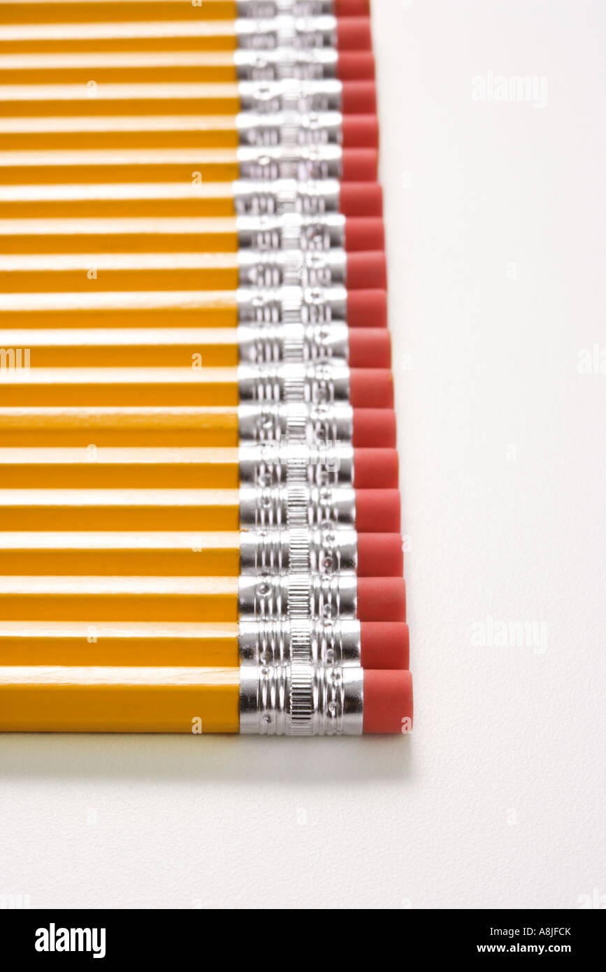 Eraser ends of group of pencils lined up in an even row Stock Photo Alamy