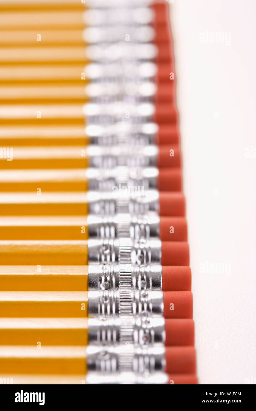 Eraser ends of group of pencils lined up in an even row Stock Photo Alamy