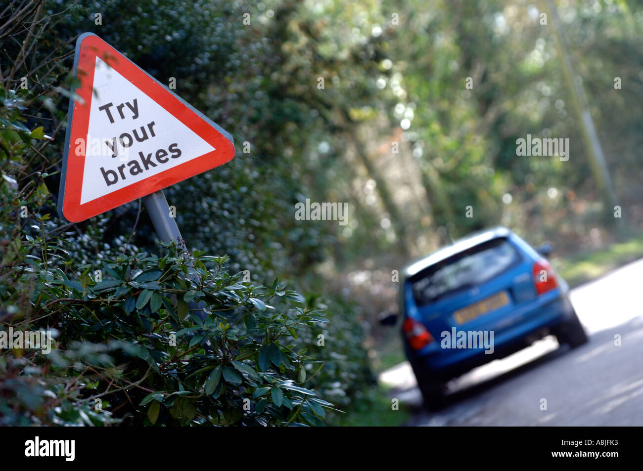 Try your brakes road sign, Britain UK Stock Photo Alamy