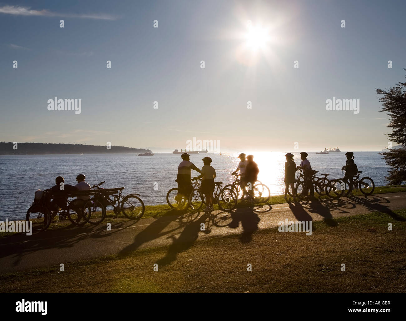 Cyclists meeting at water s edge on cycle track with shipping in distance Stanley Park Vancouver Canada Stock Photo