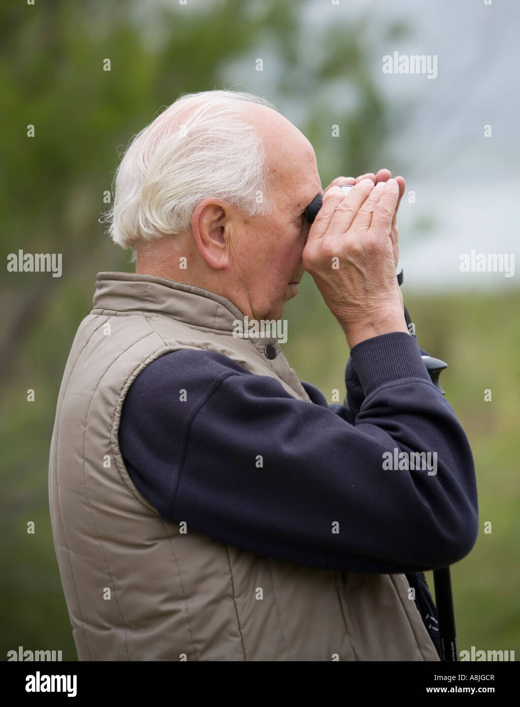 Man dressed in warm clothing watching birds through binoculars Europe Stock Photo
