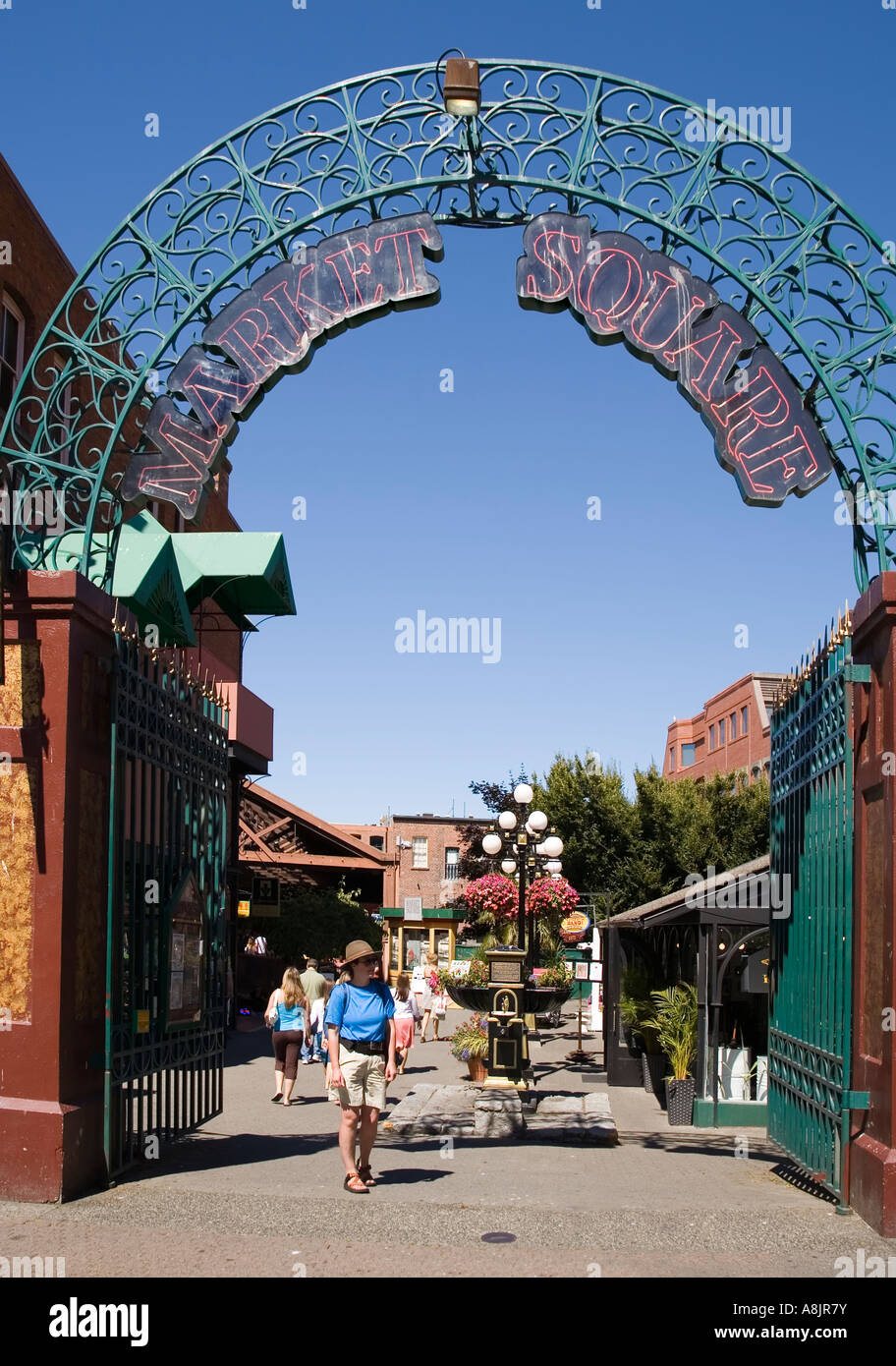 Main Gate arch and drinking fountain Market Square Victoria Canada Stock Photo