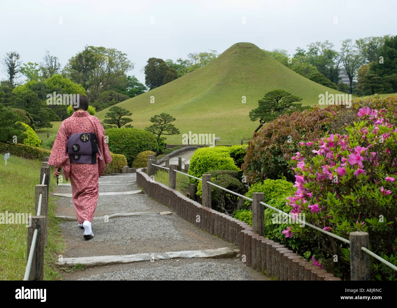 Famous Suizenji garden in Kumamoto Kyushu Japan with Mount Fuji hill Stock Photo