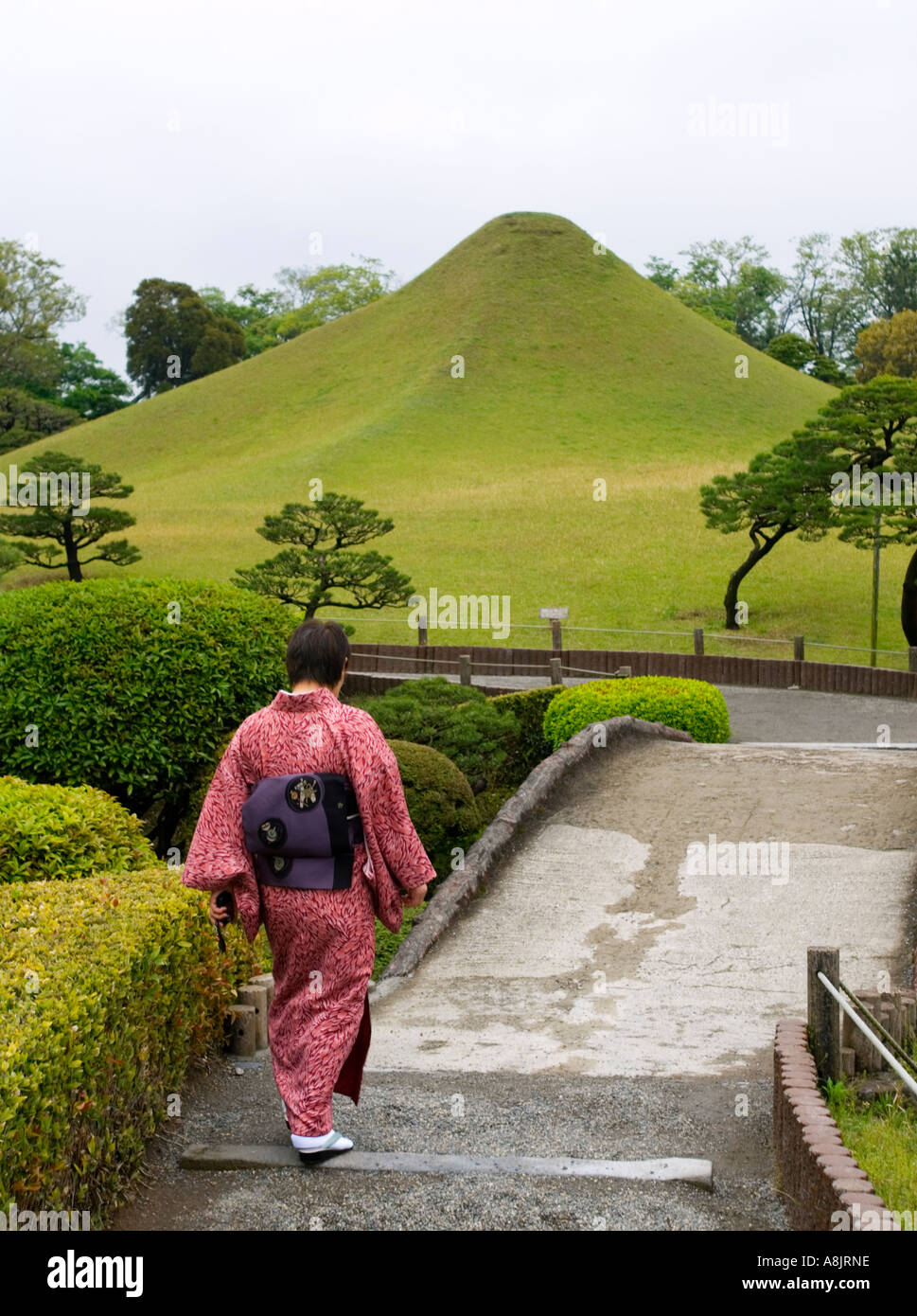 Famous Suizenji garden in Kumamoto Kyushu Japan with Mount Fuji hill Stock Photo
