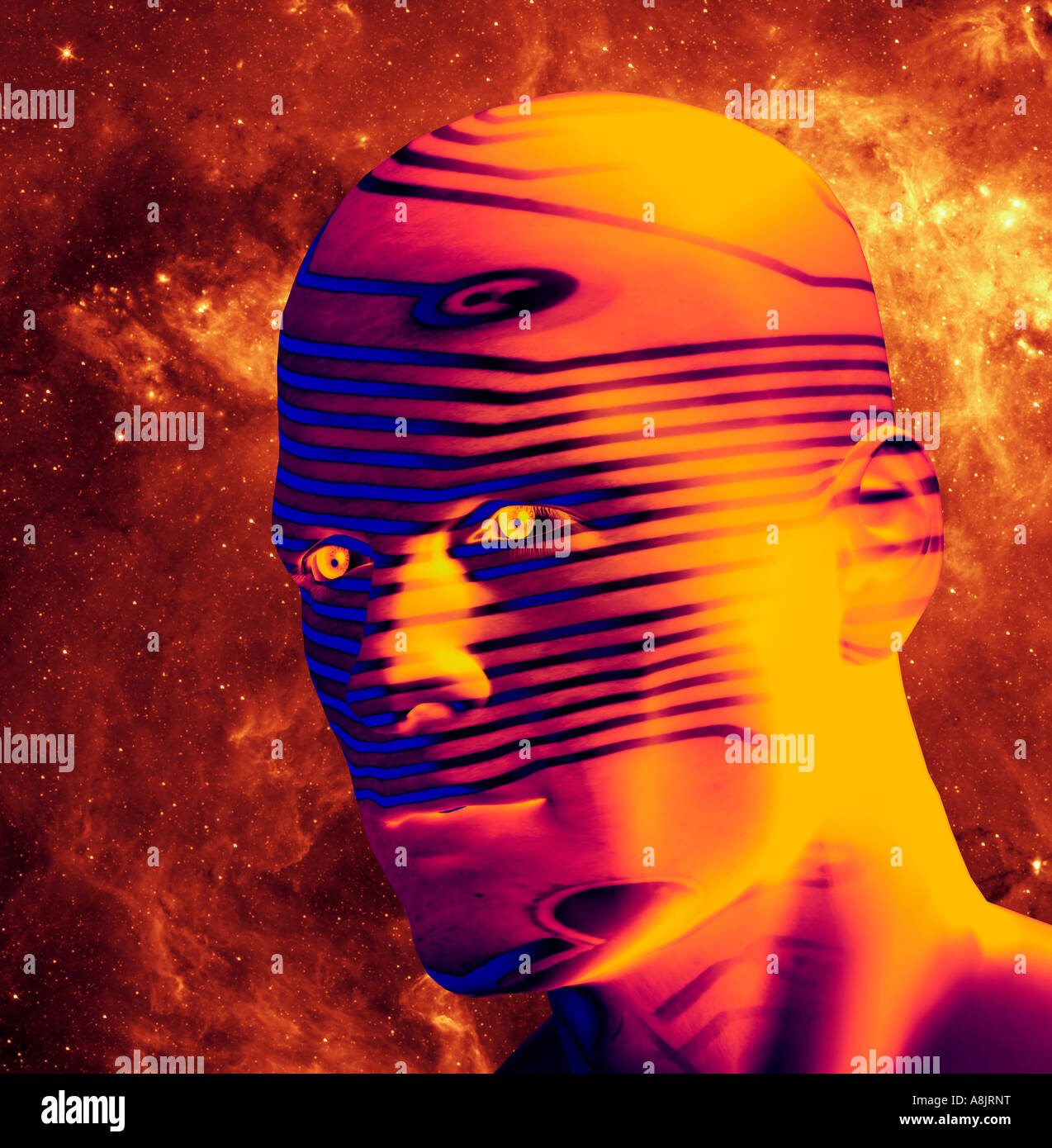 futuristic 3D computer generated bionic male robot head digitally ...