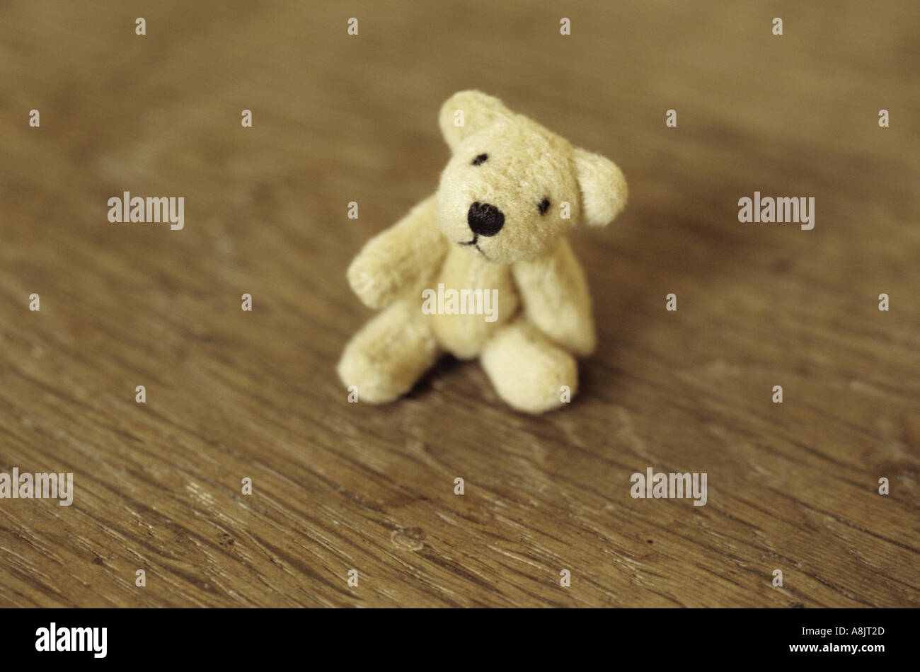 Small teddy bear sitting on a wooden seat or table Stock Photo