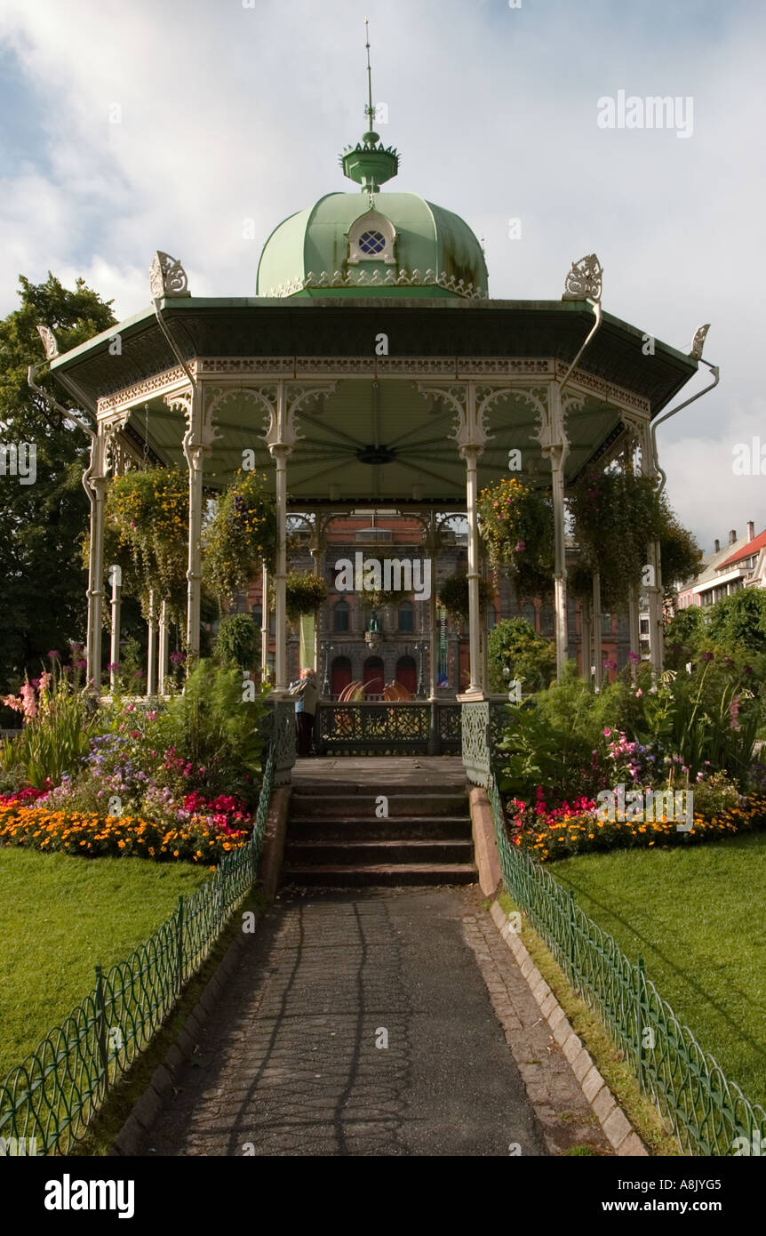 Gazebo ringed with red flowers Ole Bulls Plass Bergen Norway Stock Photo