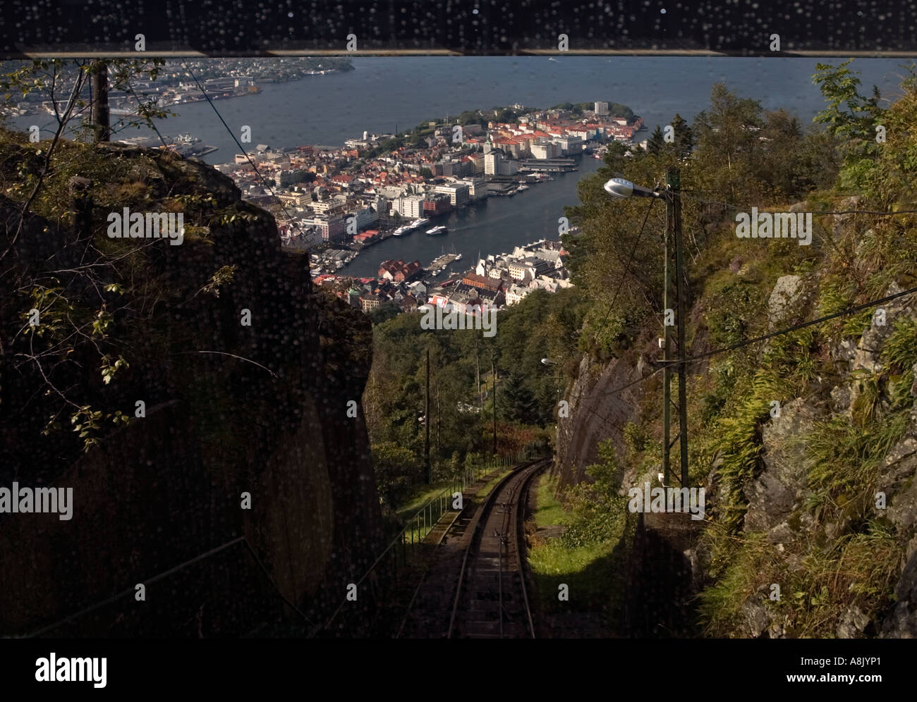 Bergen city panorama from funicular descending Mount Floyen through