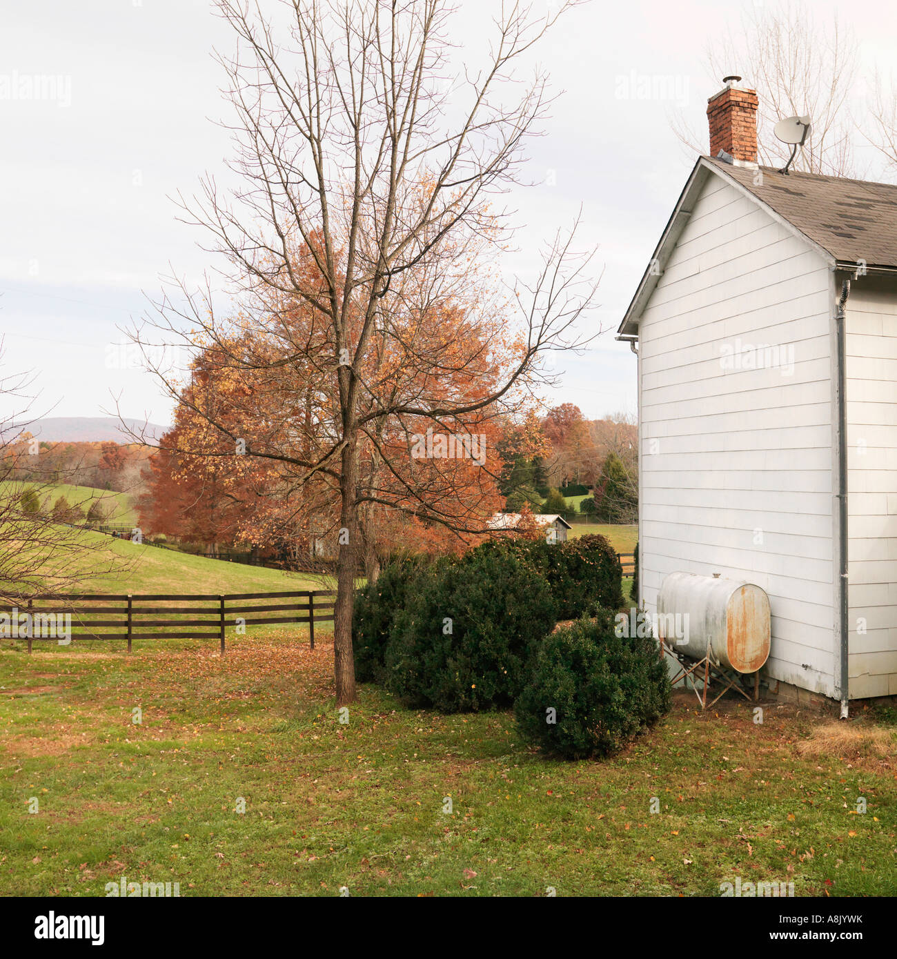 House in rural setting in Autumn with standing oil tank outside Stock ...