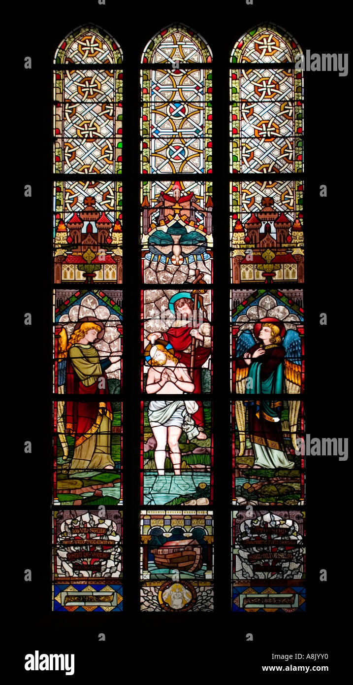Stained glass window depicting baptism of Christ Domkirken Cathedral Bergen Norway Stock Photo