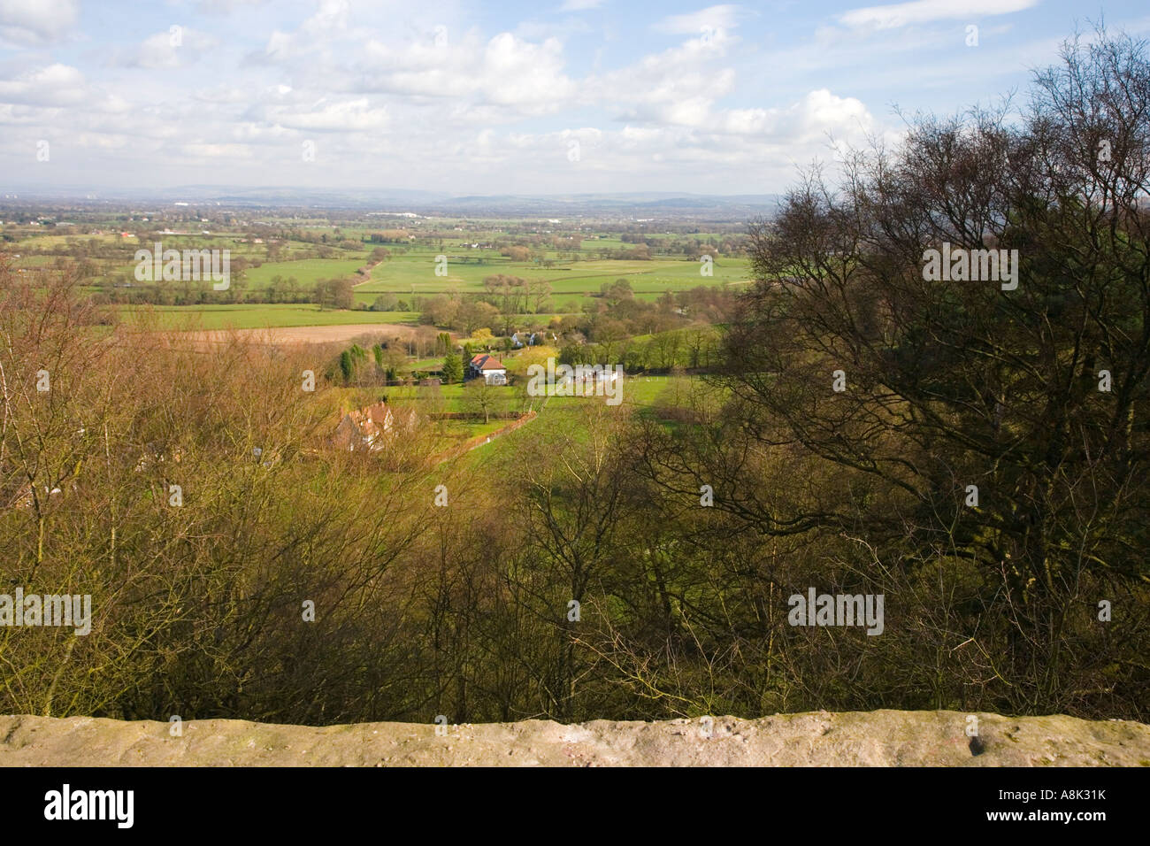 View over Northeast Cheshire from Castle Rock at Alderley Edge in