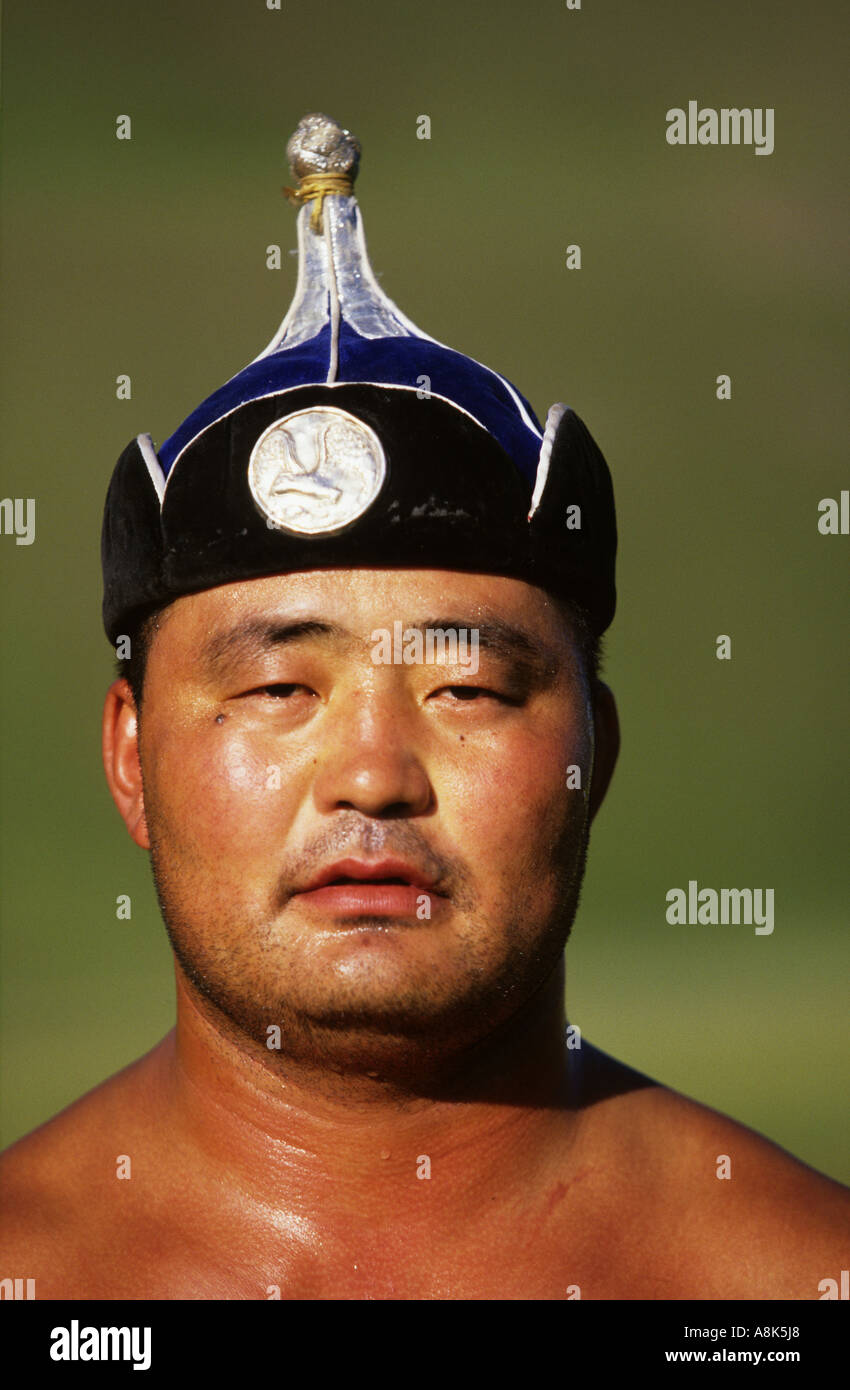 closeup mongolian wrestler sportsman mongolia wrestling portrait one