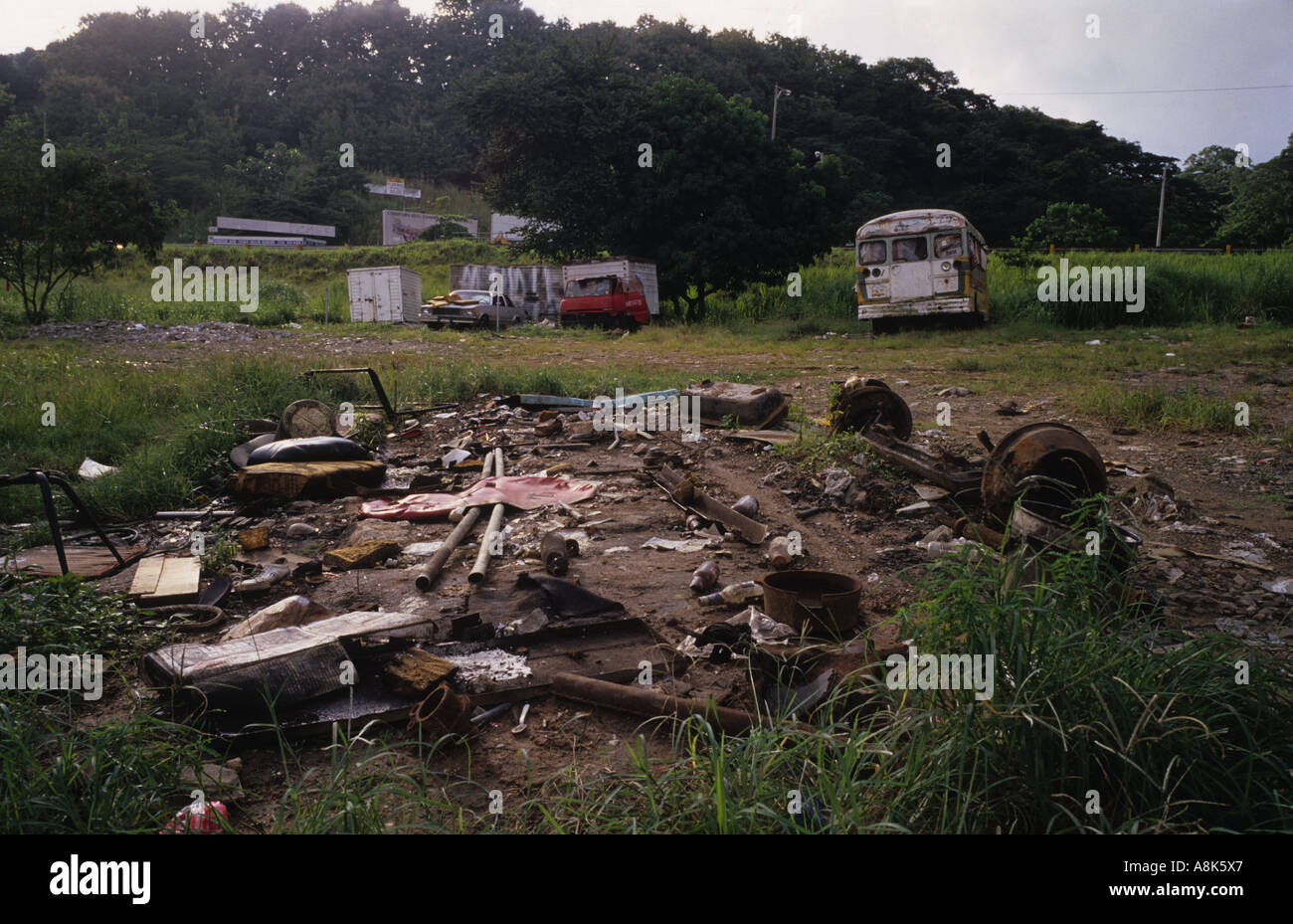 Rubble is all that remains several years later where the United States bombed a neighborhood in Panama City, Panama. 1999. Stock Photo