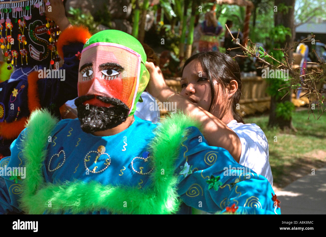 Preparing Aztec ceremonial mask. Cinco de Mayo Festival St Paul