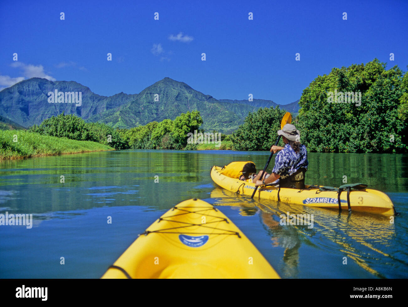 Kayaker on the Hanalei River on Kauai Stock Photo Alamy