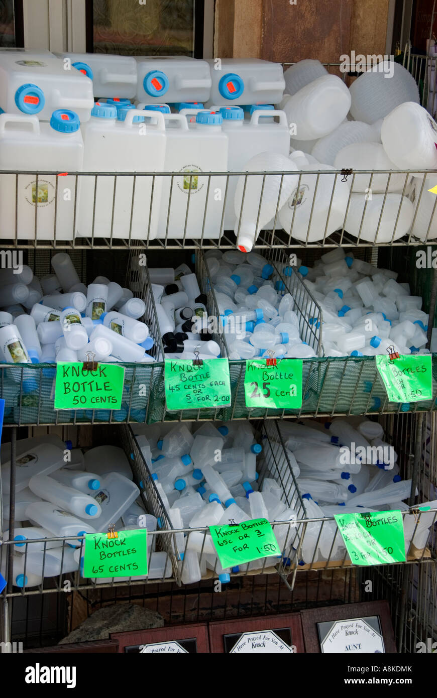 Bottles for Holy Water, on sale in local shop, Knock. County Mayo