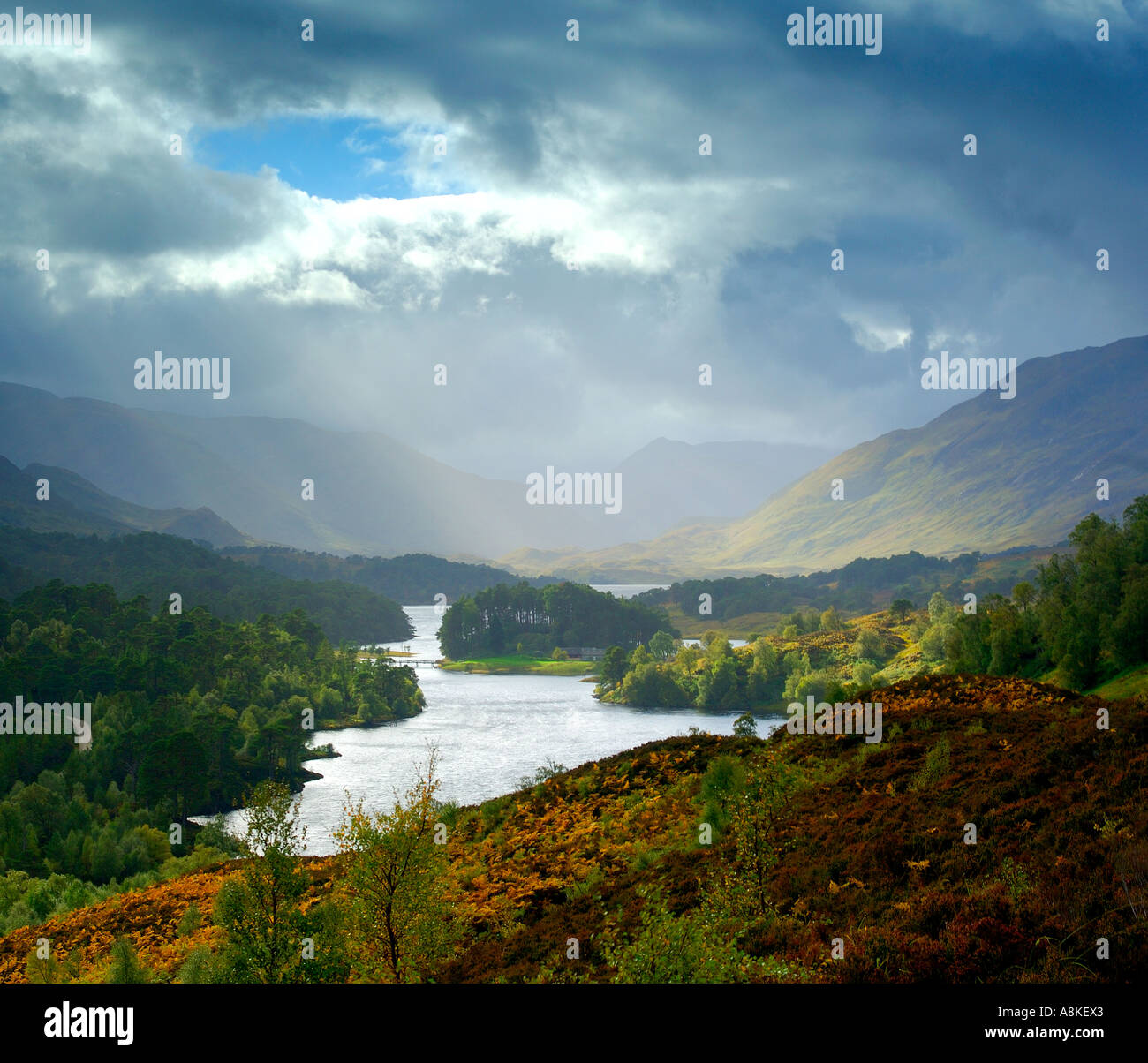 View over Loch Affric Scottish Highlands during stormy weather Stock Photo