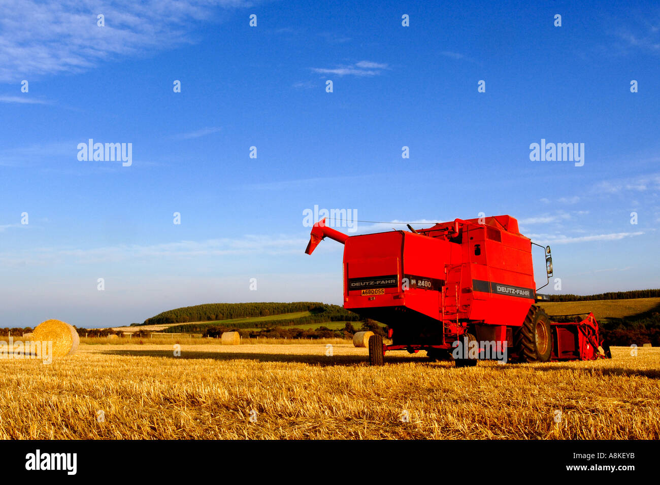 Bright red combine harvester in a harvested field scattered with hay bales under a blue sky Stock Photo