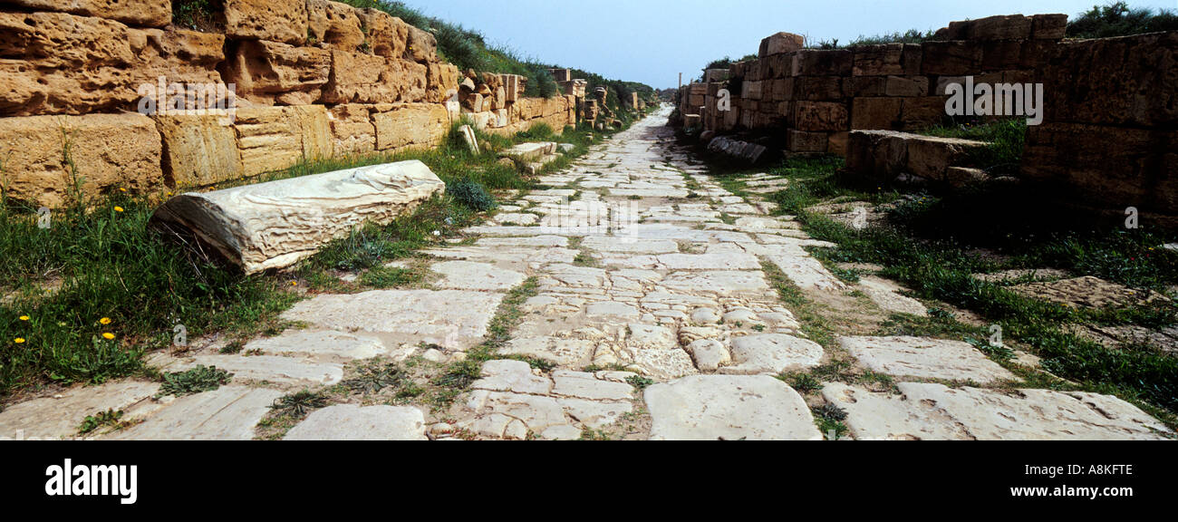 A Roman road at Leptis Magna in Libya. Stock Photo