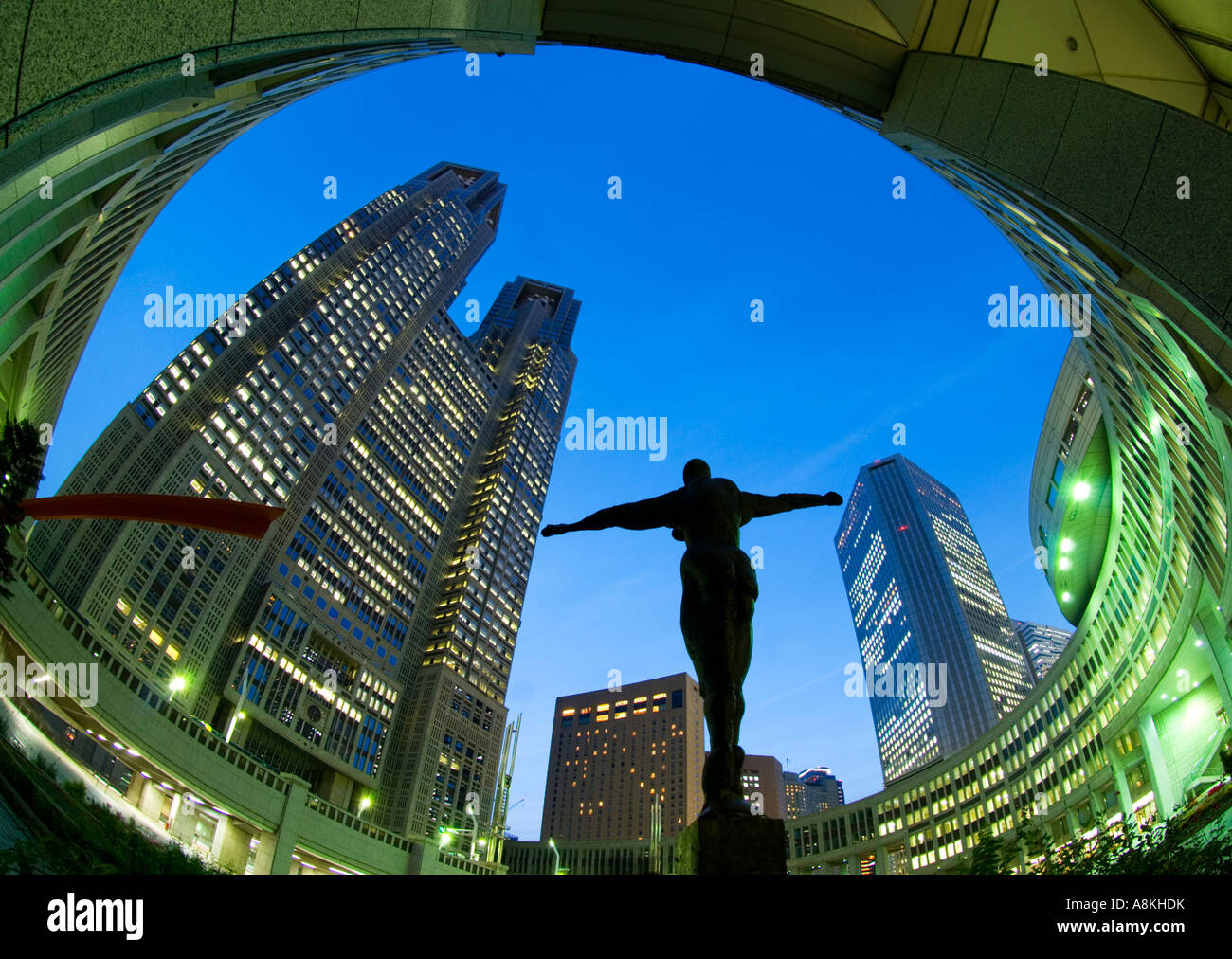 Wide angle view of sculpture and Metropolitan City Hall in Shinjuku Tokyo  Japan Stock Photo