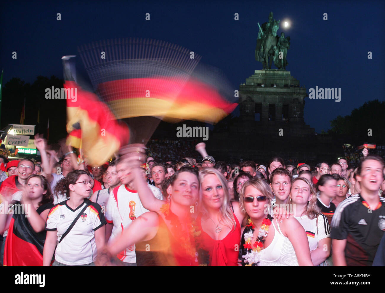 Soccer Fans on the Deutsches Eck in Koblenz, Rhineland-Palatinate, Germany Stock Photo